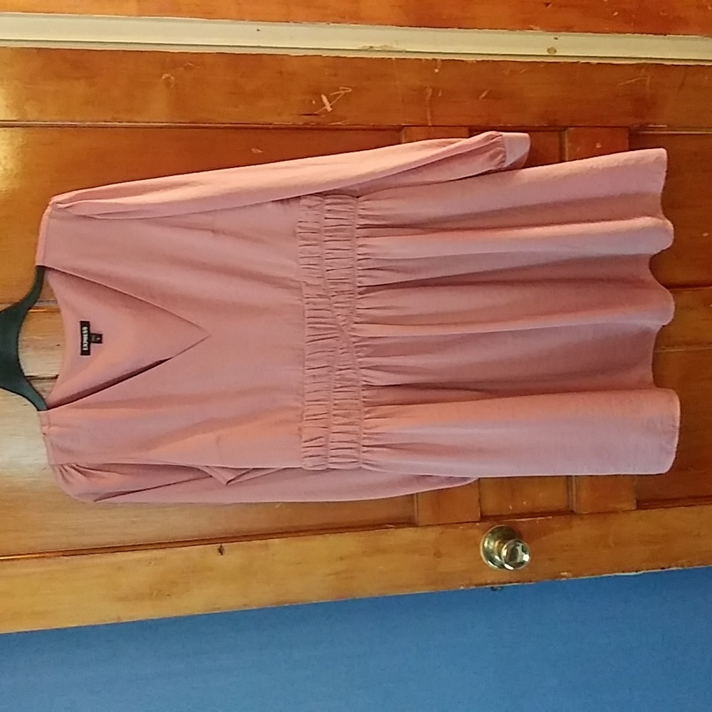 Express Satin V Neck Smocked Waist Dress - Picture 2 of 5